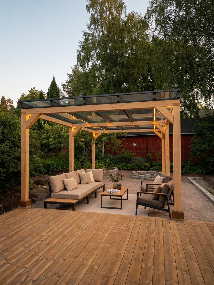 Lasikattoinen pergola ja oleskelualue terassilla