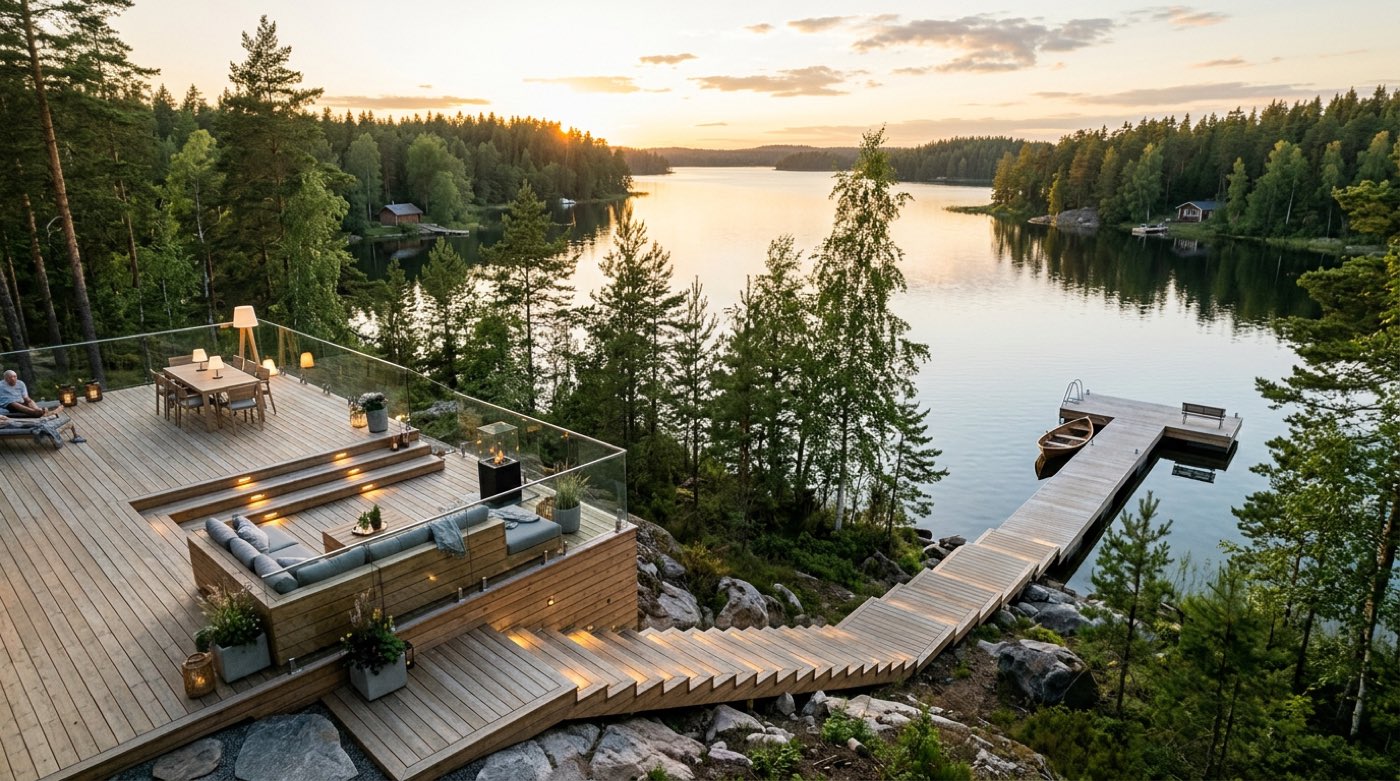 Rantaterassi lasikaitein, portaat ja laituri järven rannassa auringonlaskun aikaan