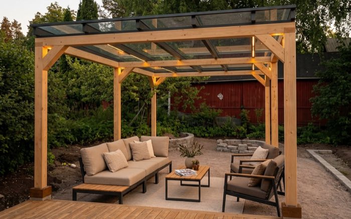 Lasikattoinen pergola ja oleskelualue terassilla